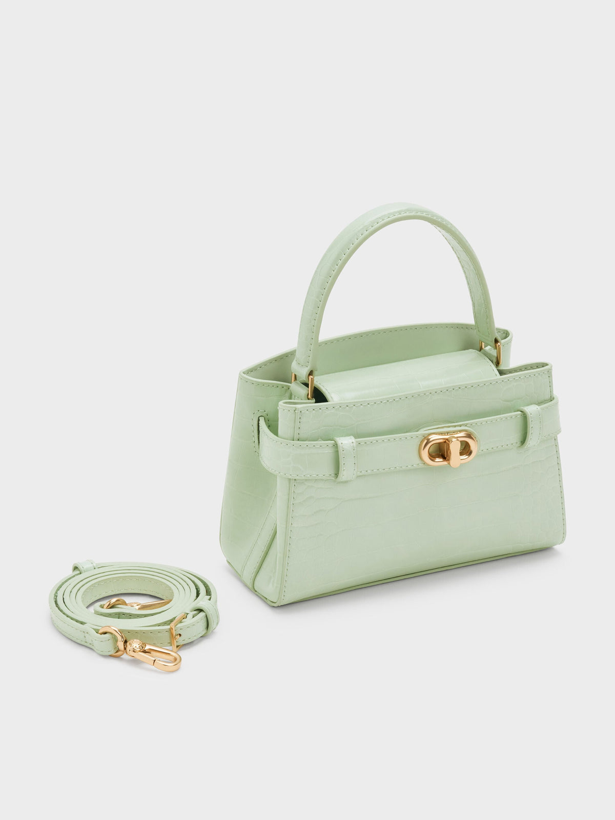 Aubrielle Croc-Effect Belted Top Handle Bag - Mint Green | CHARLES & KEITH