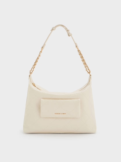 Duo Quilted Front-Pocket Hobo Bag - Cream | CHARLES & KEITH