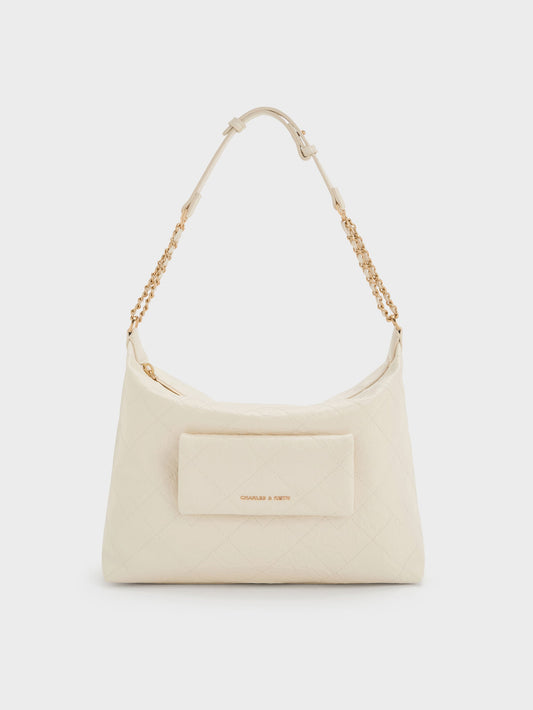 Duo Quilted Front-Pocket Hobo Bag - Cream | CHARLES & KEITH