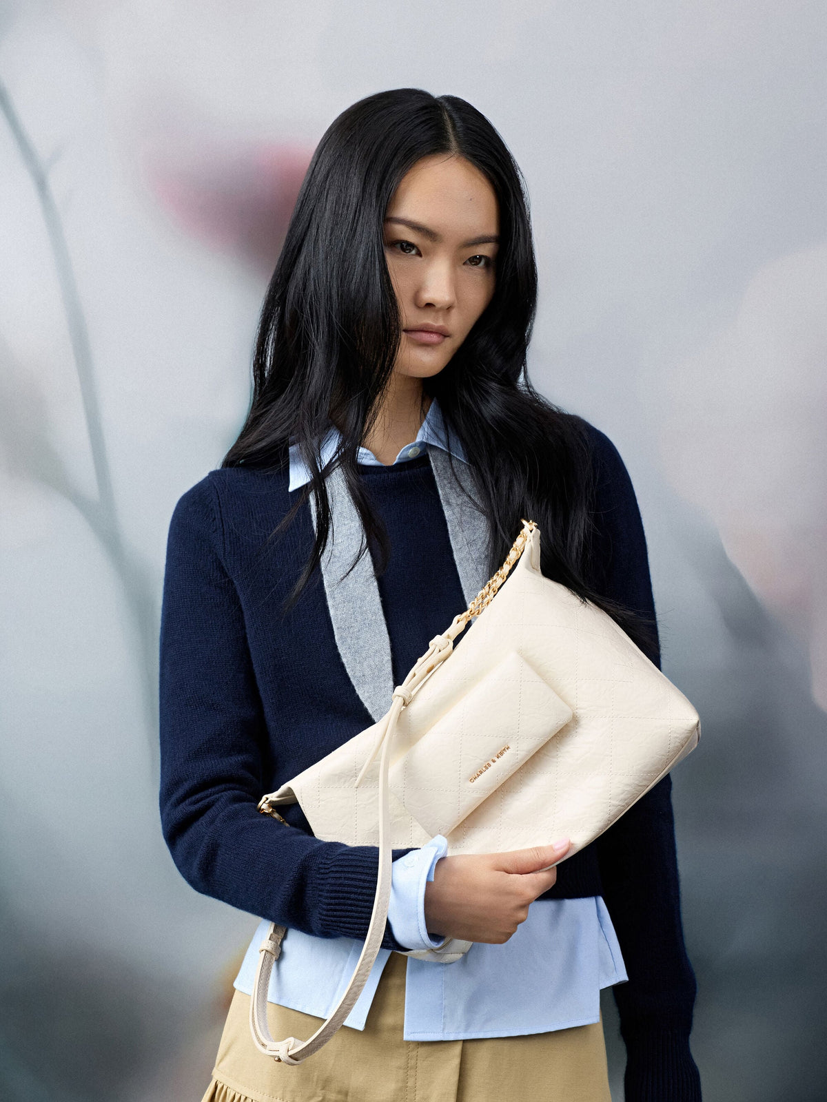 Duo Quilted Front-Pocket Hobo Bag - Cream | CHARLES & KEITH