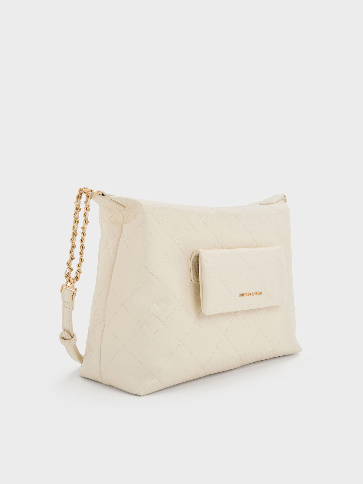 Duo Quilted Front-Pocket Hobo Bag - Cream | CHARLES & KEITH