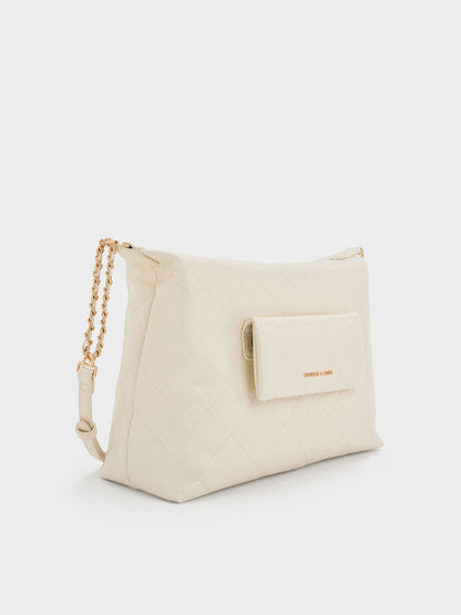Duo Quilted Front-Pocket Hobo Bag - Cream | CHARLES & KEITH