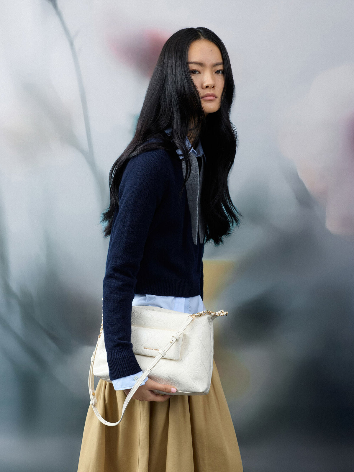 Duo Quilted Front-Pocket Hobo Bag - Cream | CHARLES & KEITH