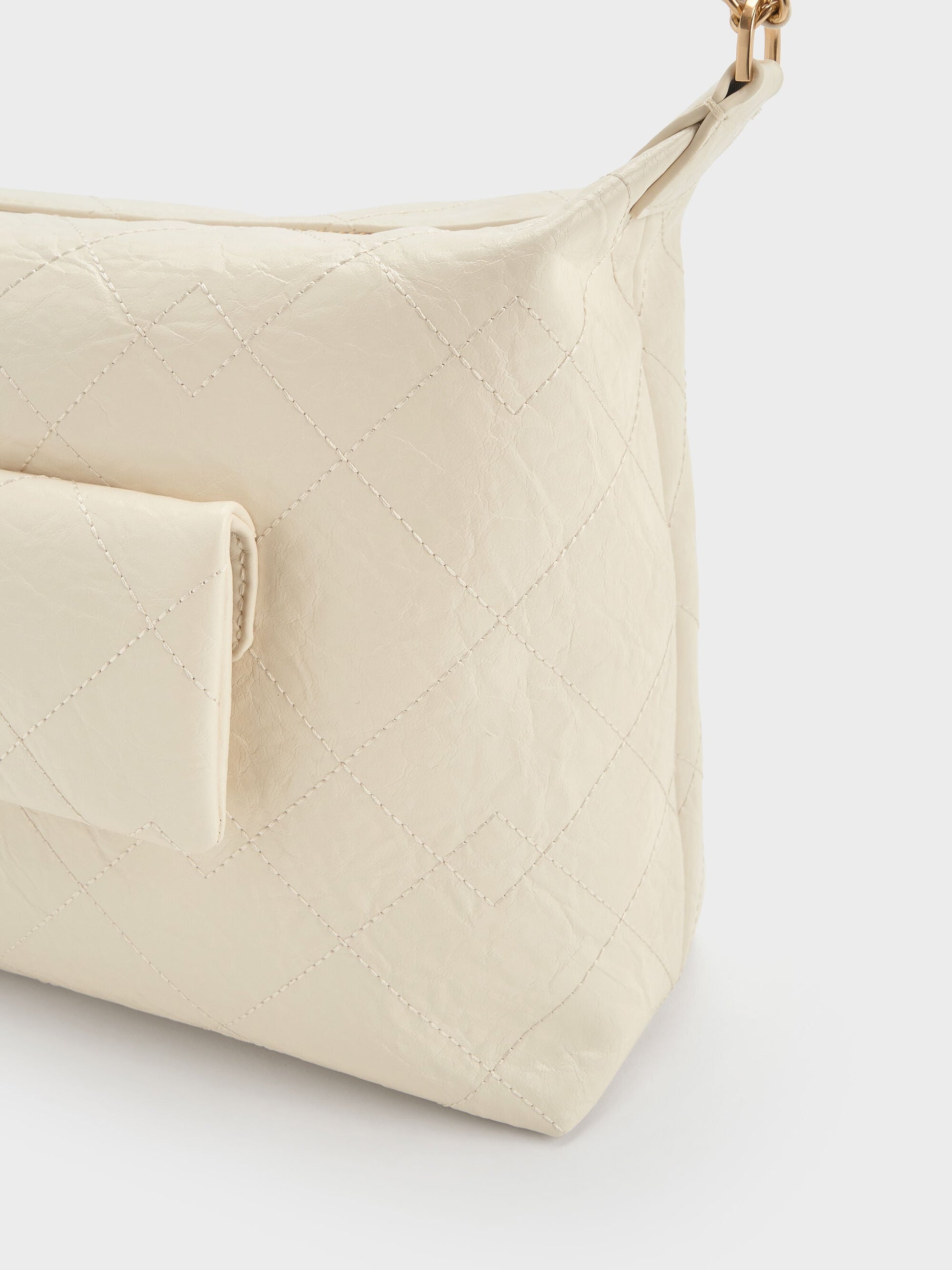 Duo Quilted Front-Pocket Hobo Bag - Cream | CHARLES & KEITH