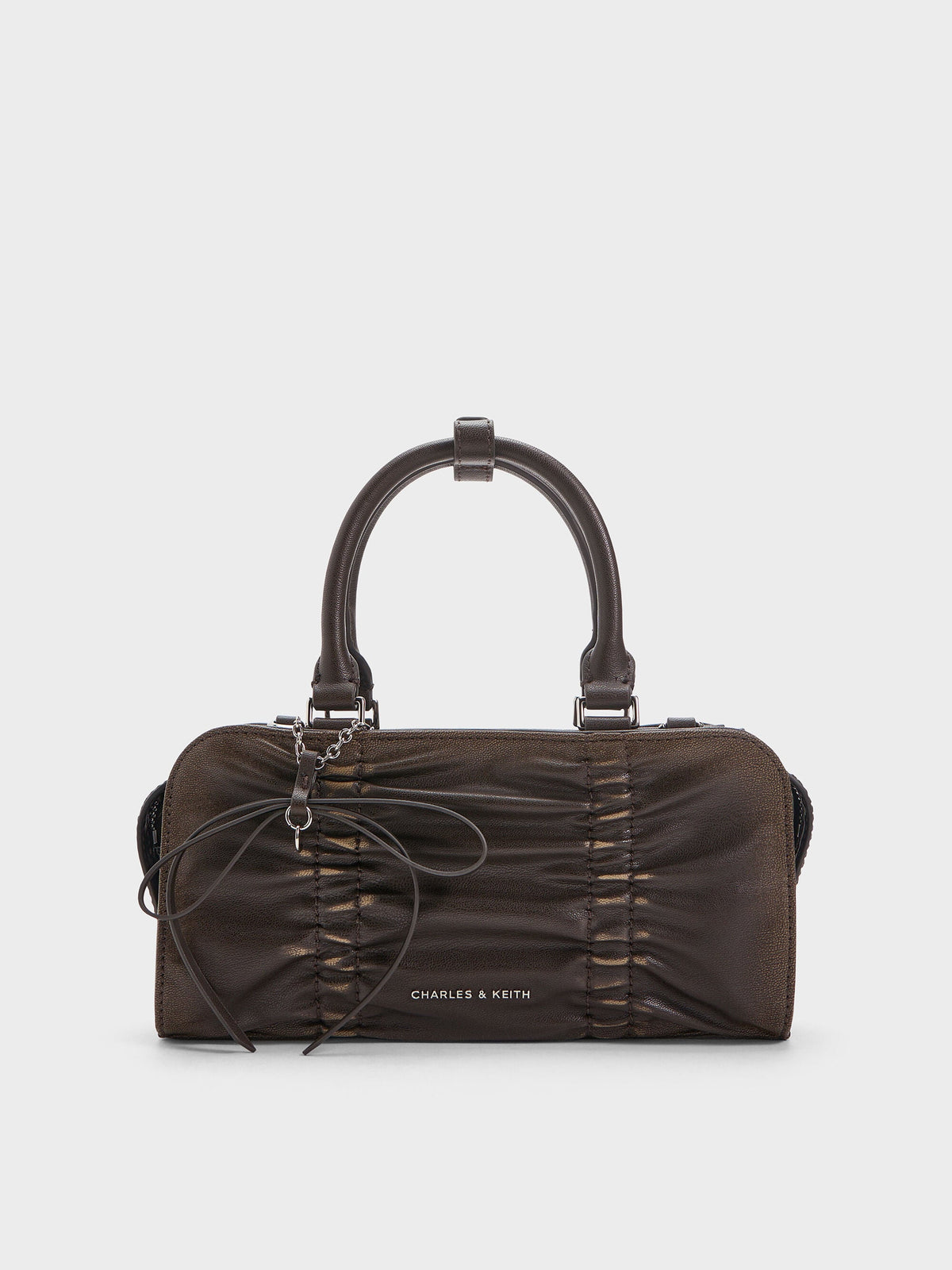 Kadee Ruched Bow-Charm Bowling Bag - Burnished Brown | CHARLES & KEITH