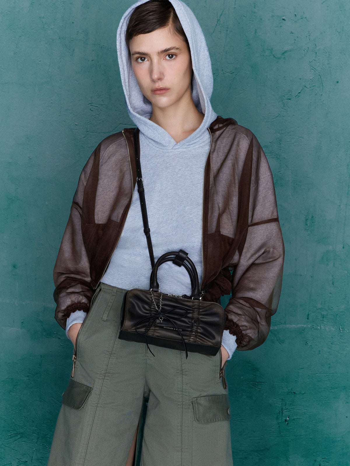 Kadee Ruched Bow-Charm Bowling Bag - Burnished Brown | CHARLES & KEITH