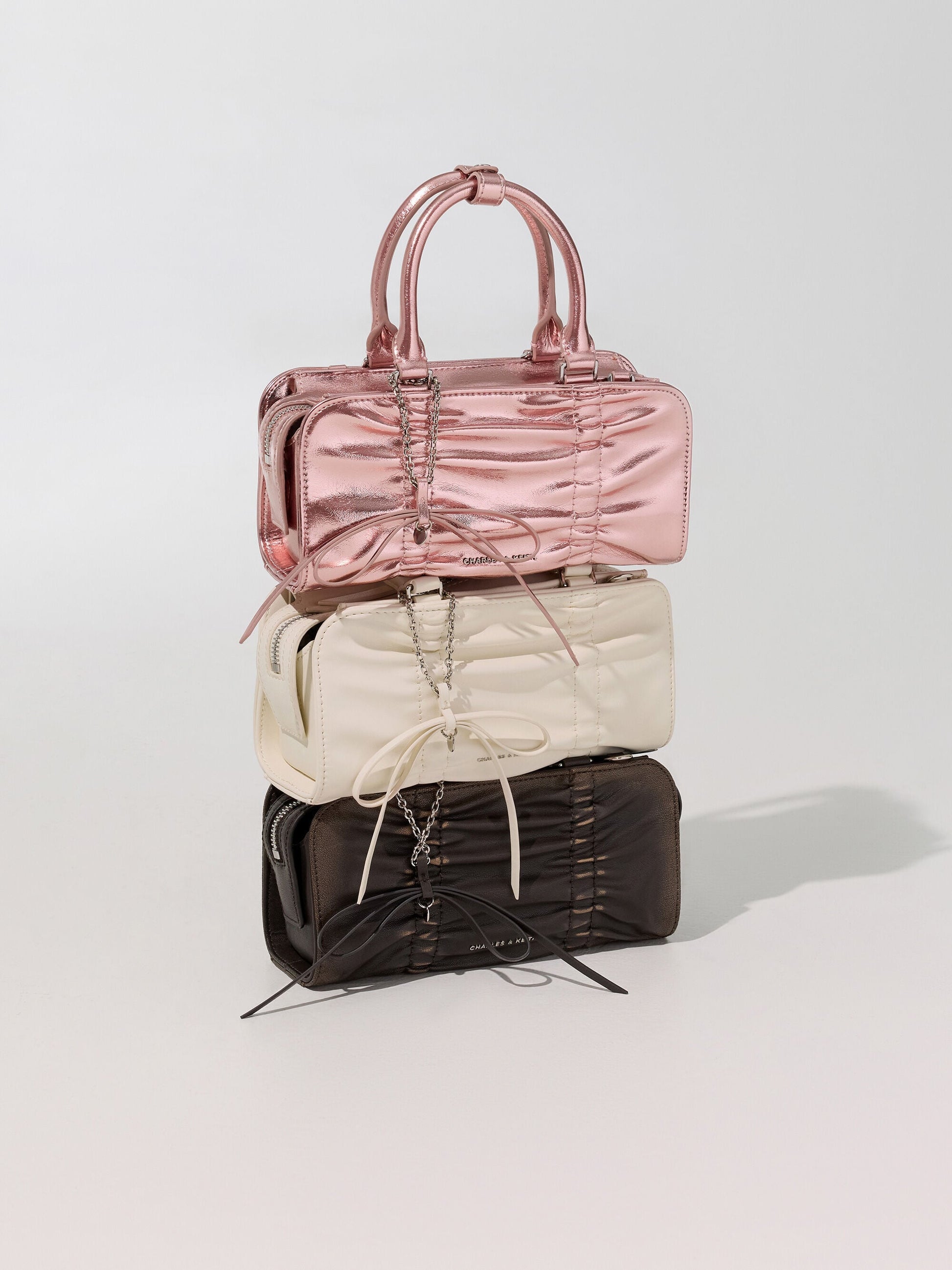 Kadee Ruched Bow-Charm Bowling Bag - Burnished Brown | CHARLES & KEITH
