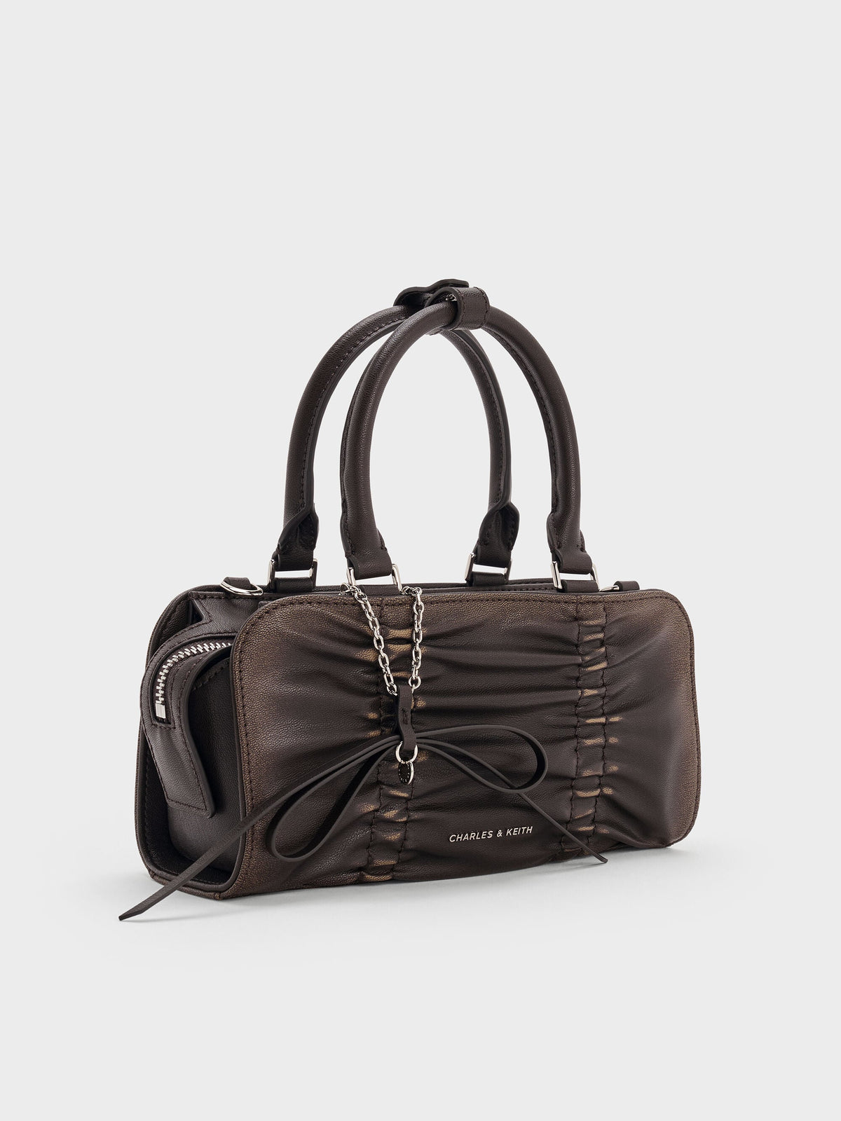 Kadee Ruched Bow-Charm Bowling Bag - Burnished Brown | CHARLES & KEITH