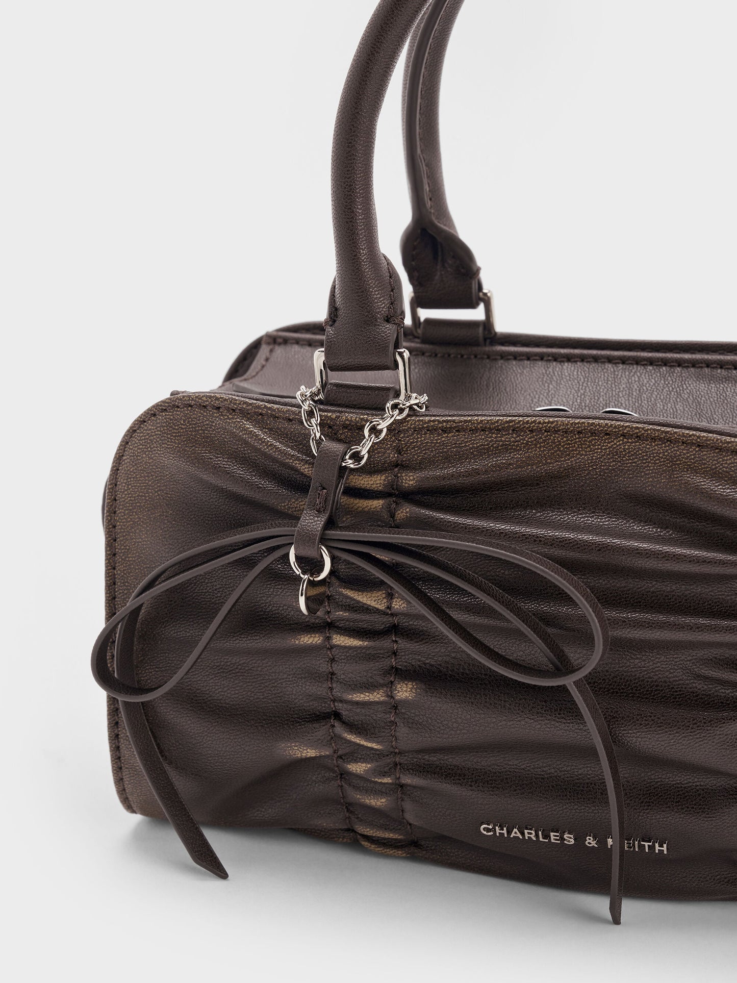 Kadee Ruched Bow-Charm Bowling Bag - Burnished Brown | CHARLES & KEITH