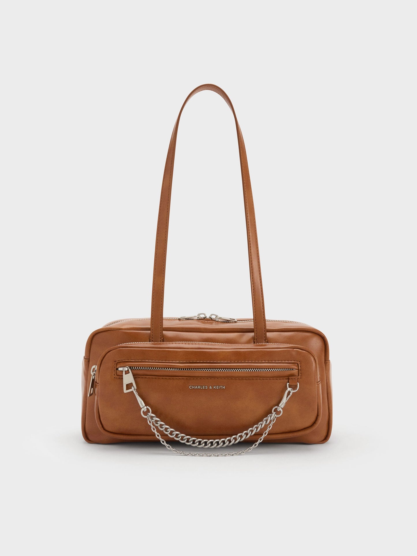 Atwood Chain Elongated Shoulder Bag - Distressed Tan | CHARLES & KEITH