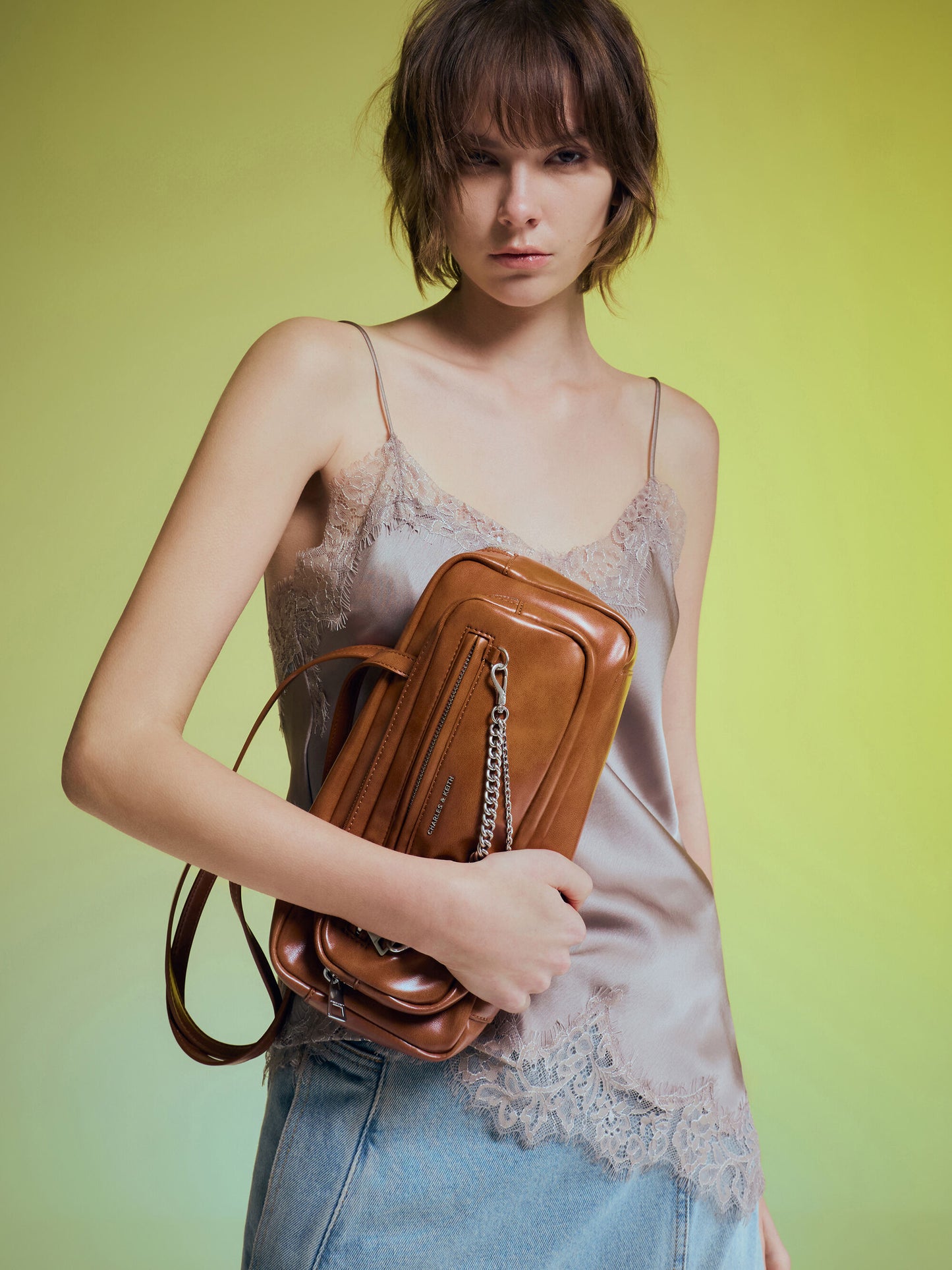 Atwood Chain Elongated Shoulder Bag - Distressed Tan | CHARLES & KEITH