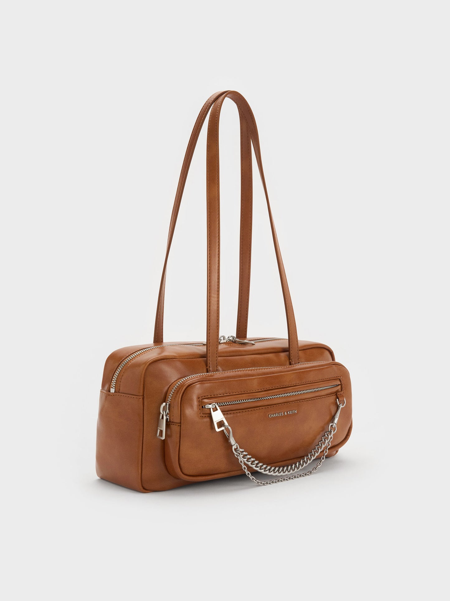 Atwood Chain Elongated Shoulder Bag - Distressed Tan | CHARLES & KEITH