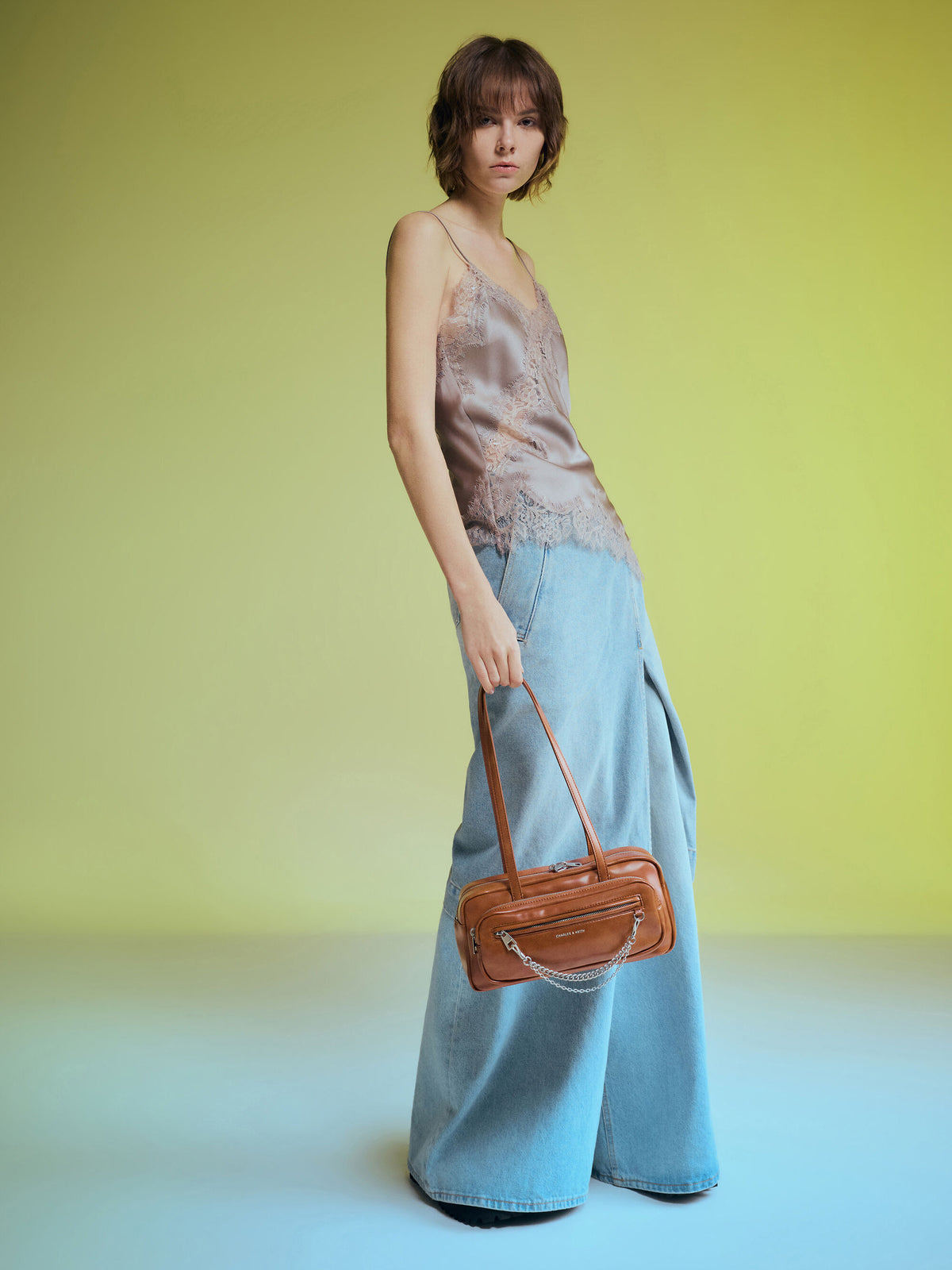 Atwood Chain Elongated Shoulder Bag - Distressed Tan | CHARLES & KEITH