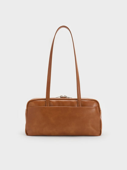 Atwood Chain Elongated Shoulder Bag - Distressed Tan | CHARLES & KEITH