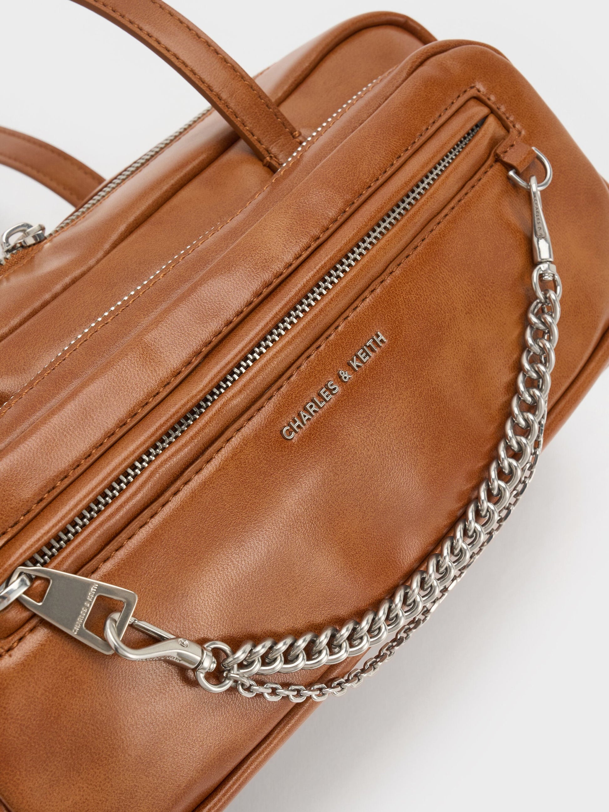Atwood Chain Elongated Shoulder Bag - Distressed Tan | CHARLES & KEITH