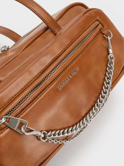 Atwood Chain Elongated Shoulder Bag - Distressed Tan | CHARLES & KEITH
