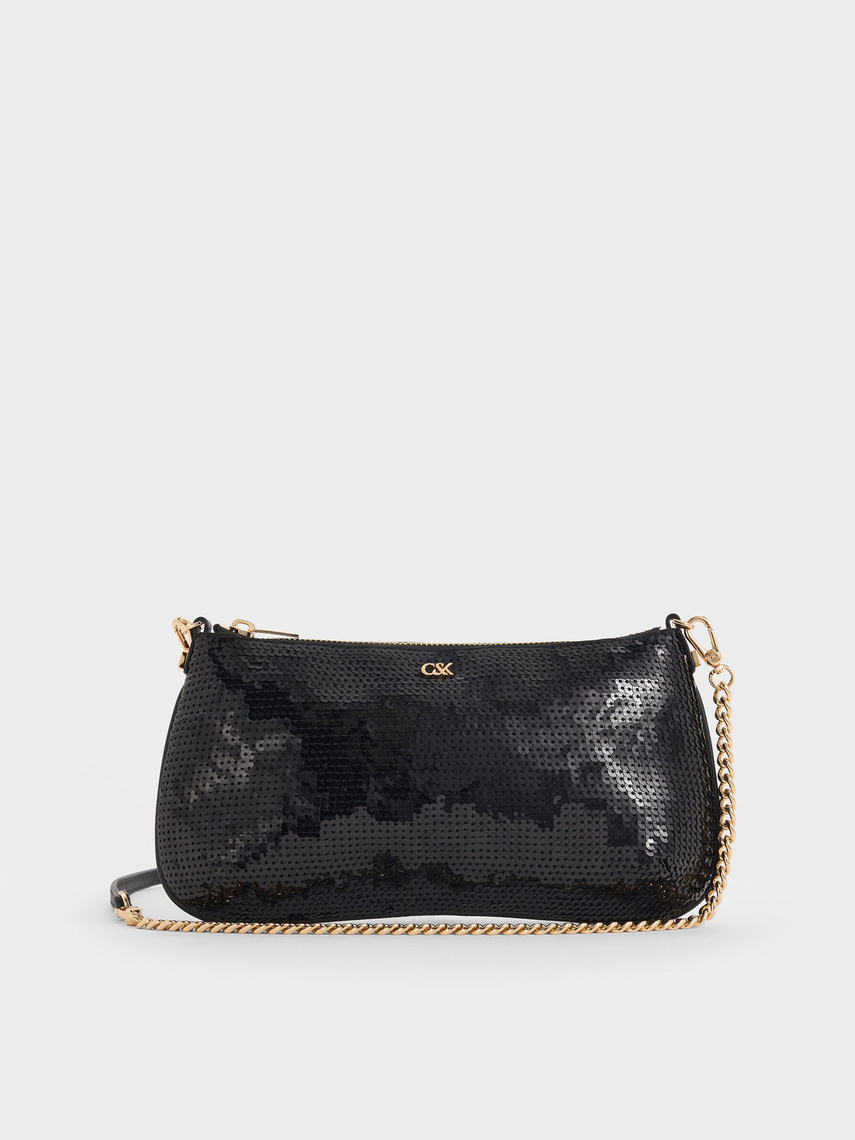 Sequin Mesh & Leather Shoulder Bag - Black | CHARLES & KEITH