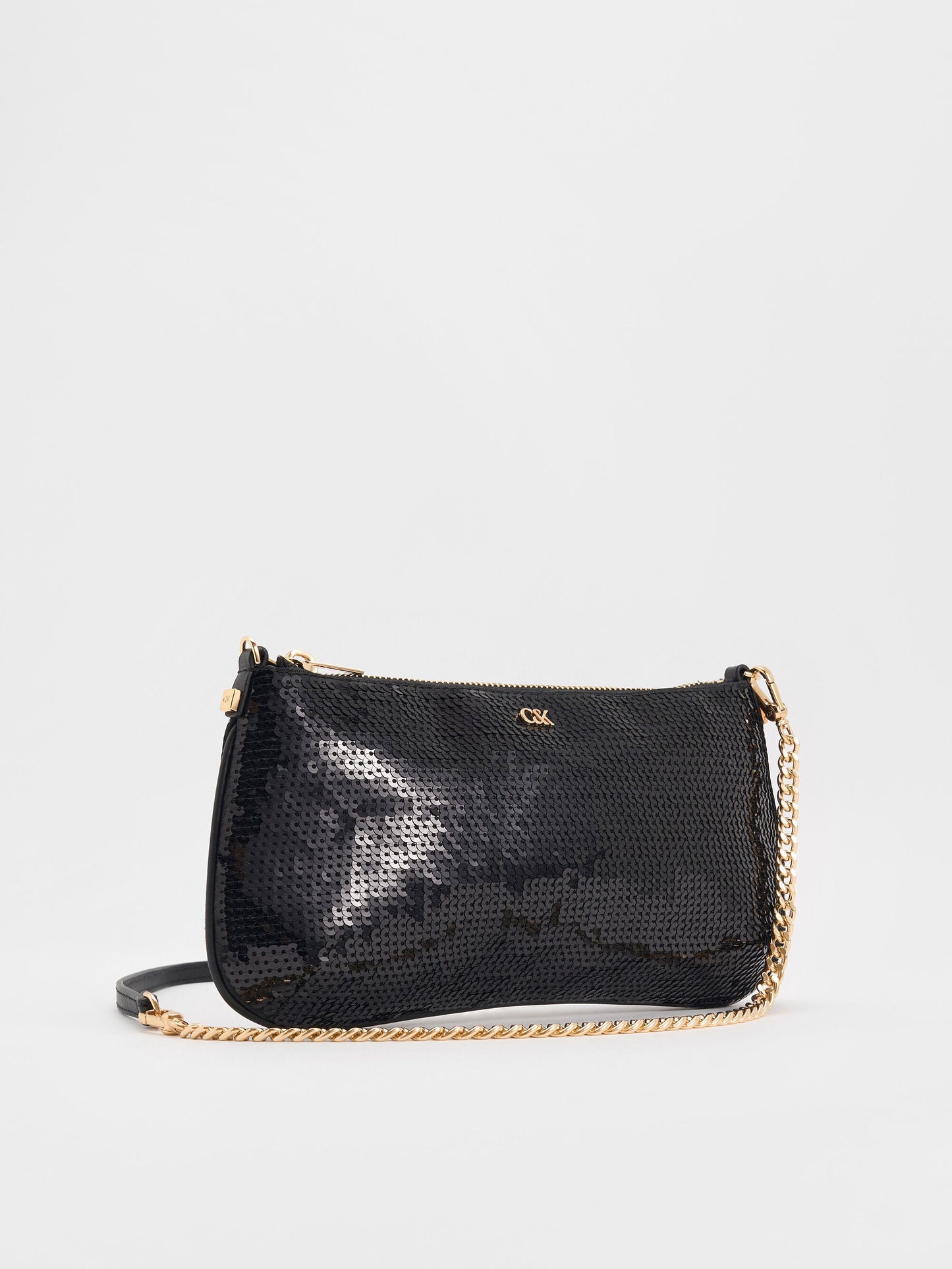 Sequin Mesh & Leather Shoulder Bag - Black | CHARLES & KEITH