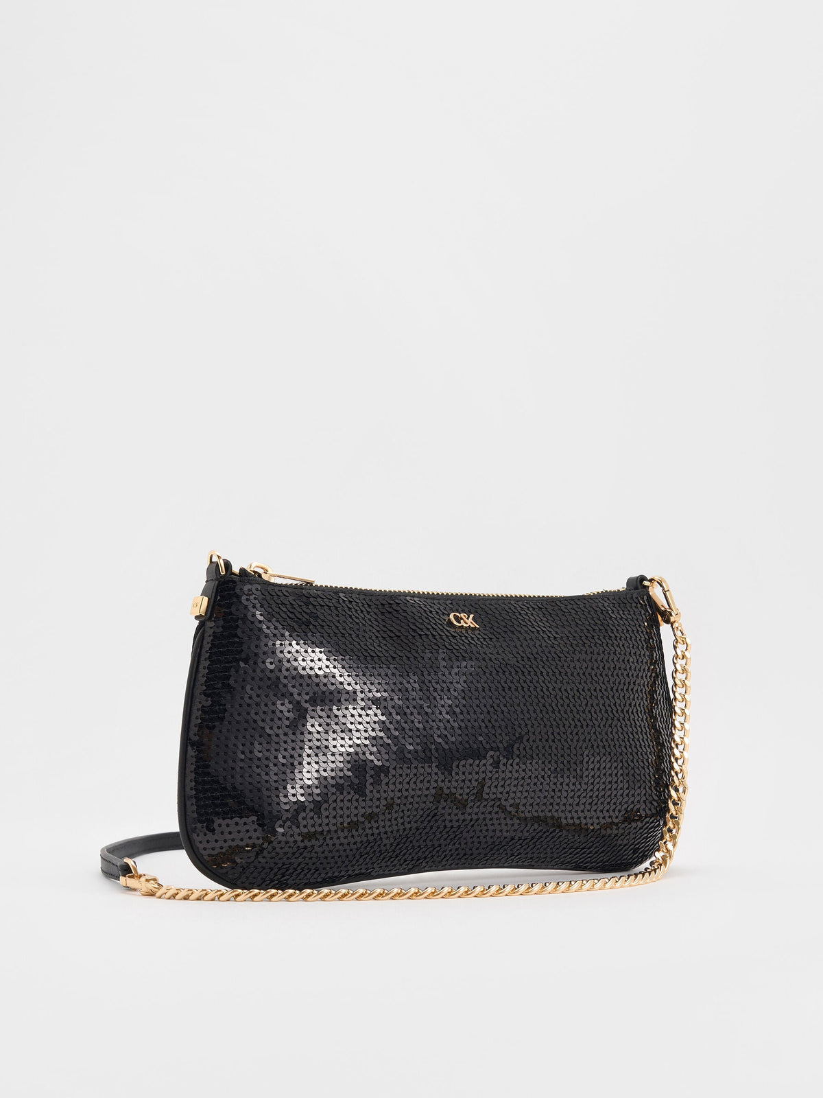 Sequin Mesh & Leather Shoulder Bag - Black | CHARLES & KEITH