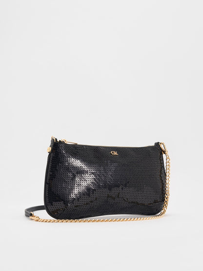 Sequin Mesh & Leather Shoulder Bag - Black | CHARLES & KEITH