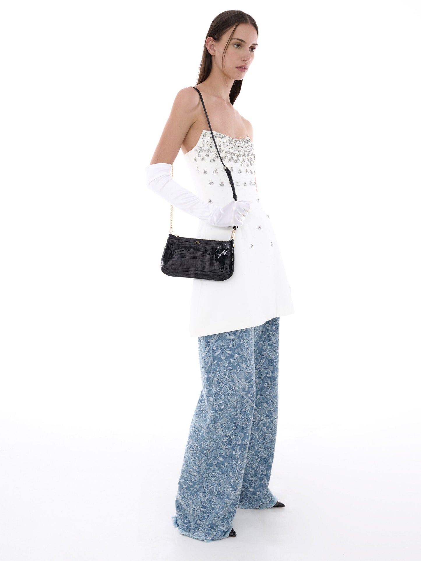 Sequin Mesh & Leather Shoulder Bag - Black | CHARLES & KEITH