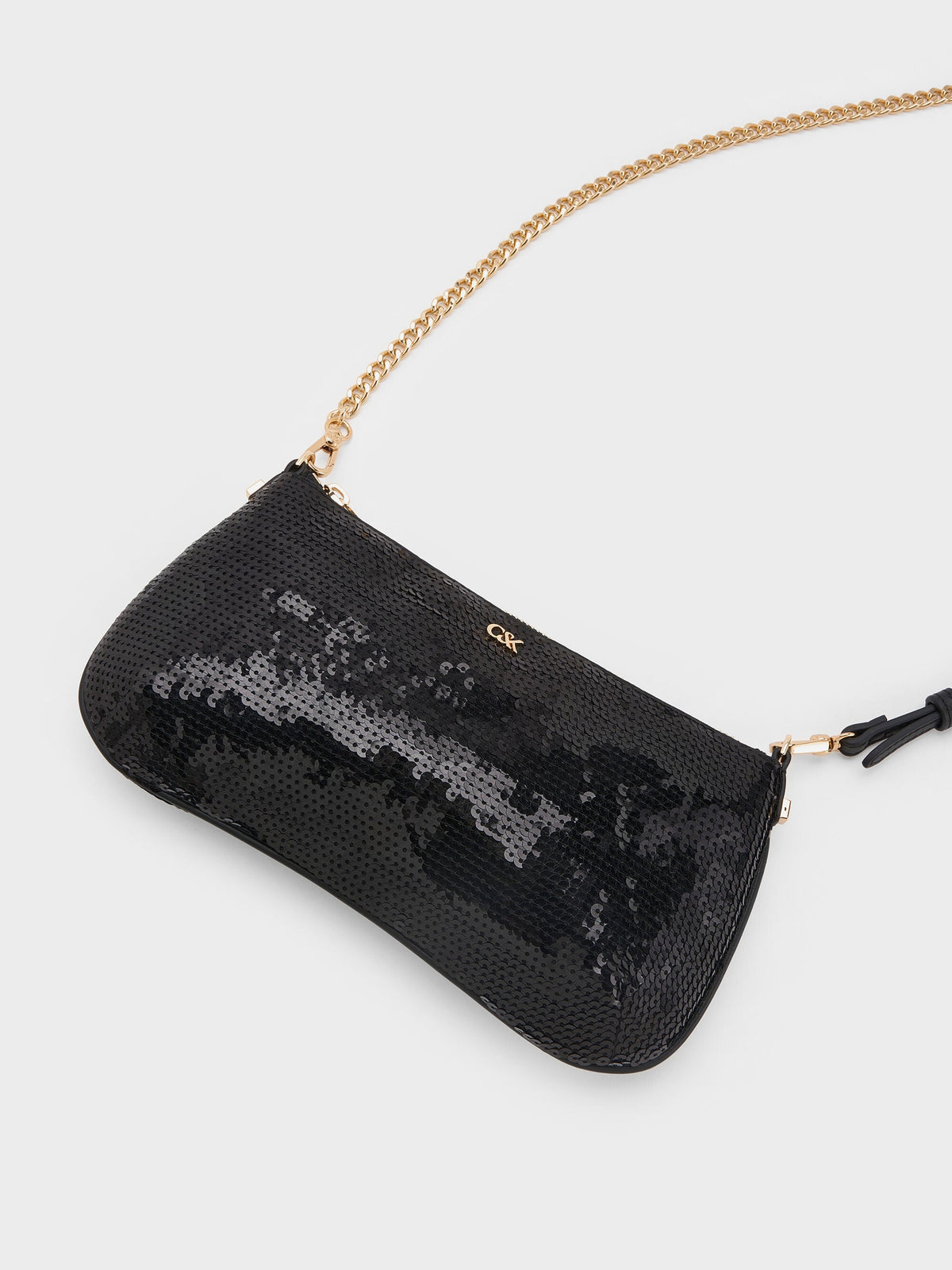Sequin Mesh & Leather Shoulder Bag - Black | CHARLES & KEITH