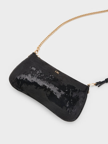 Sequin Mesh & Leather Shoulder Bag - Black | CHARLES & KEITH