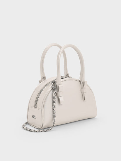 Leather Half-Moon Bowling Bag - White | CHARLES & KEITH