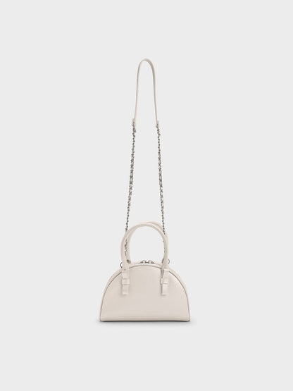 Leather Half-Moon Bowling Bag - White | CHARLES & KEITH