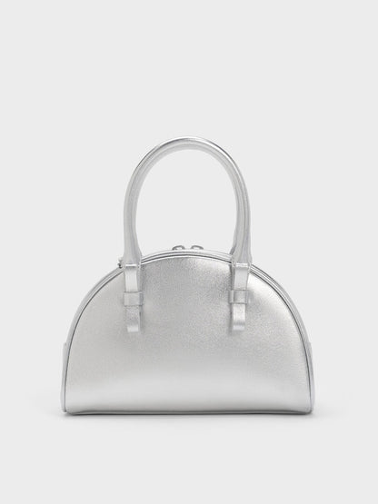Leather Half-Moon Bowling Bag - Silver | CHARLES & KEITH