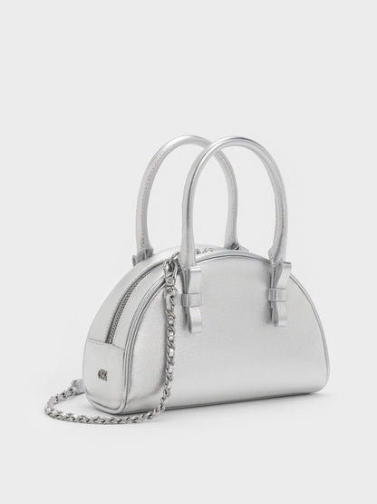Leather Half-Moon Bowling Bag - Silver | CHARLES & KEITH
