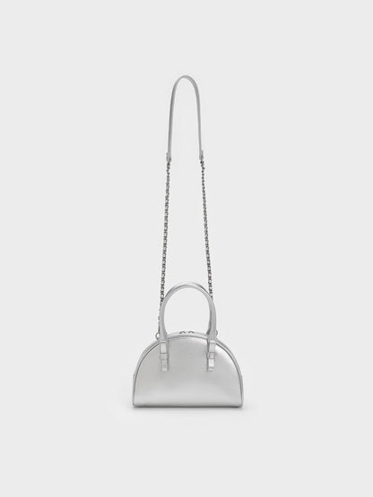 Leather Half-Moon Bowling Bag - Silver | CHARLES & KEITH