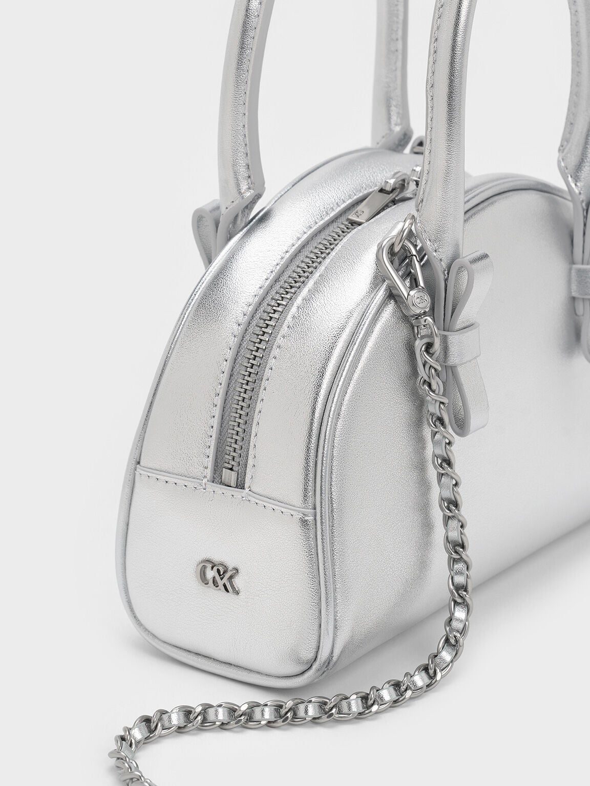 Leather Half-Moon Bowling Bag - Silver | CHARLES & KEITH
