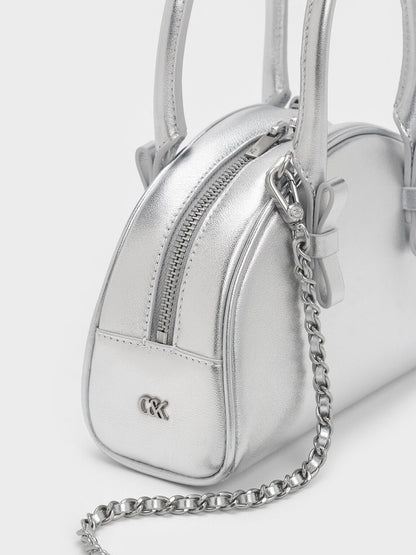 Leather Half-Moon Bowling Bag - Silver | CHARLES & KEITH