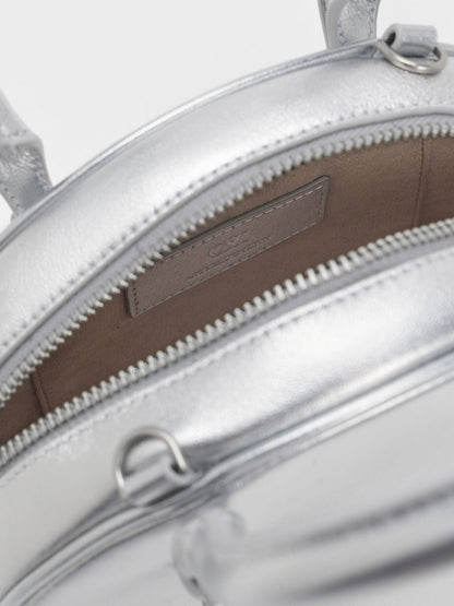 Leather Half-Moon Bowling Bag - Silver | CHARLES & KEITH