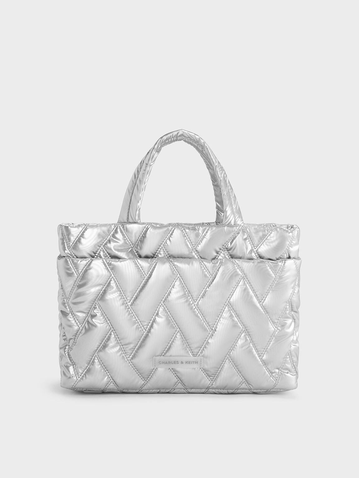 Nylon Chevron Boxy Tote Bag - Silver | CHARLES & KEITH