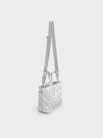 Nylon Chevron Boxy Tote Bag - Silver | CHARLES & KEITH