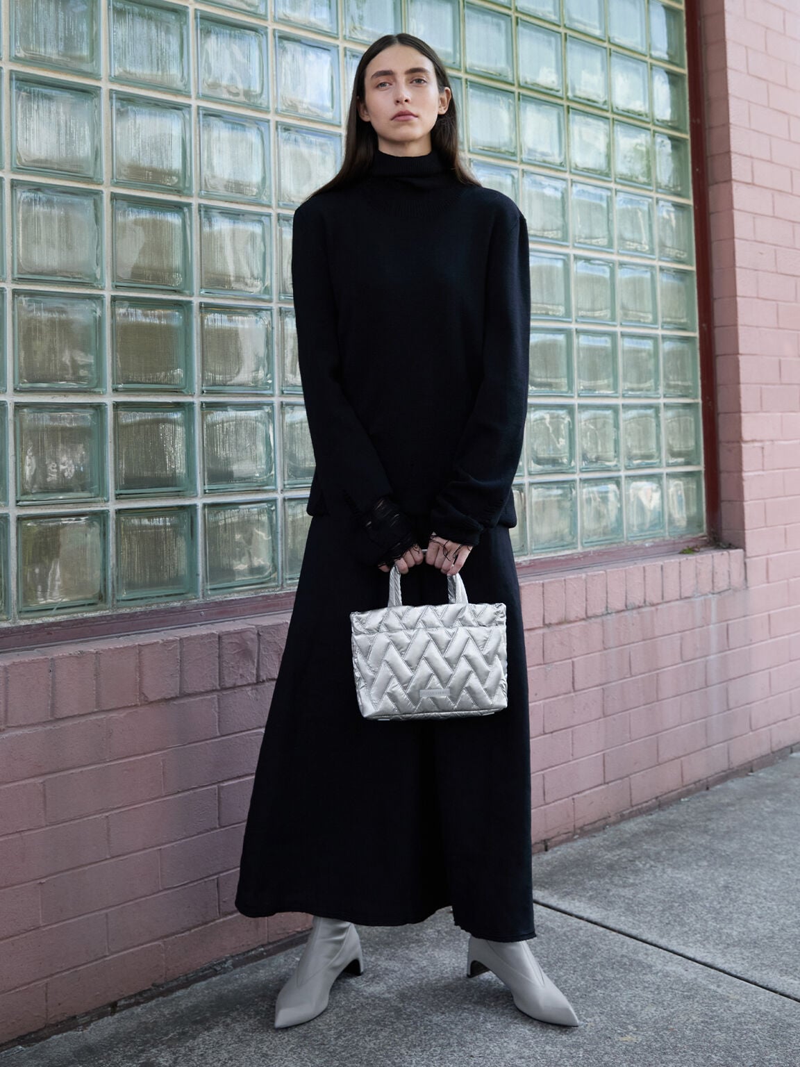 Nylon Chevron Boxy Tote Bag - Silver | CHARLES & KEITH