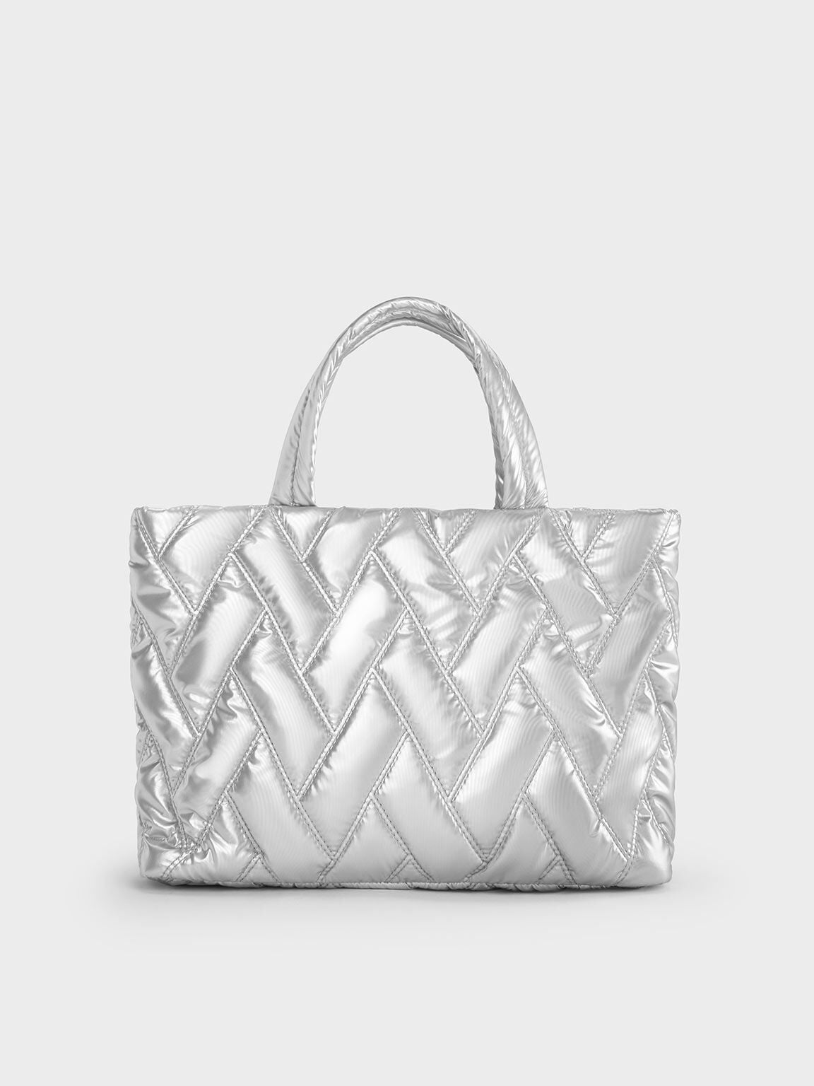 Nylon Chevron Boxy Tote Bag - Silver | CHARLES & KEITH