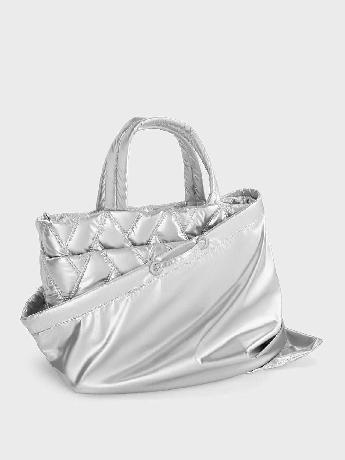 Nylon Chevron Boxy Tote Bag - Silver | CHARLES & KEITH