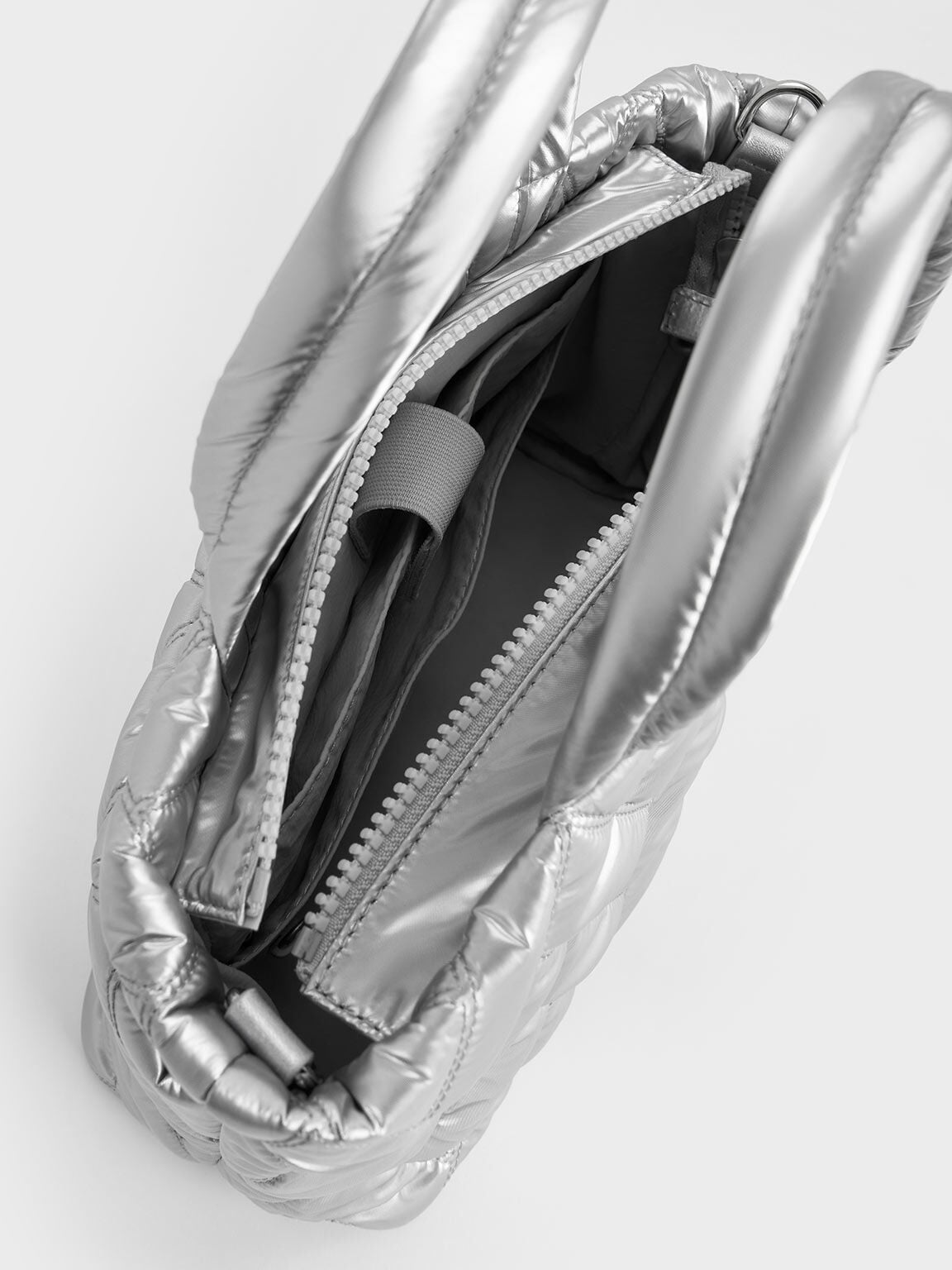 Nylon Chevron Boxy Tote Bag - Silver | CHARLES & KEITH