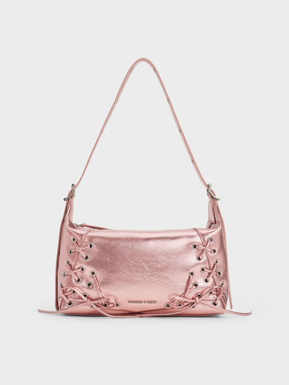 Xylia Metallic Grommet Lace-Up Shoulder Bag - Aura Pink | CHARLES & KEITH