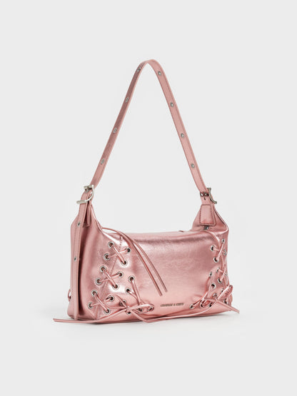 Xylia Metallic Grommet Lace-Up Shoulder Bag - Aura Pink | CHARLES & KEITH