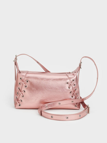 Xylia Metallic Grommet Lace-Up Shoulder Bag - Aura Pink | CHARLES & KEITH
