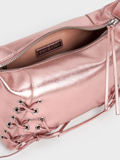 Xylia Metallic Grommet Lace-Up Shoulder Bag - Aura Pink | CHARLES & KEITH