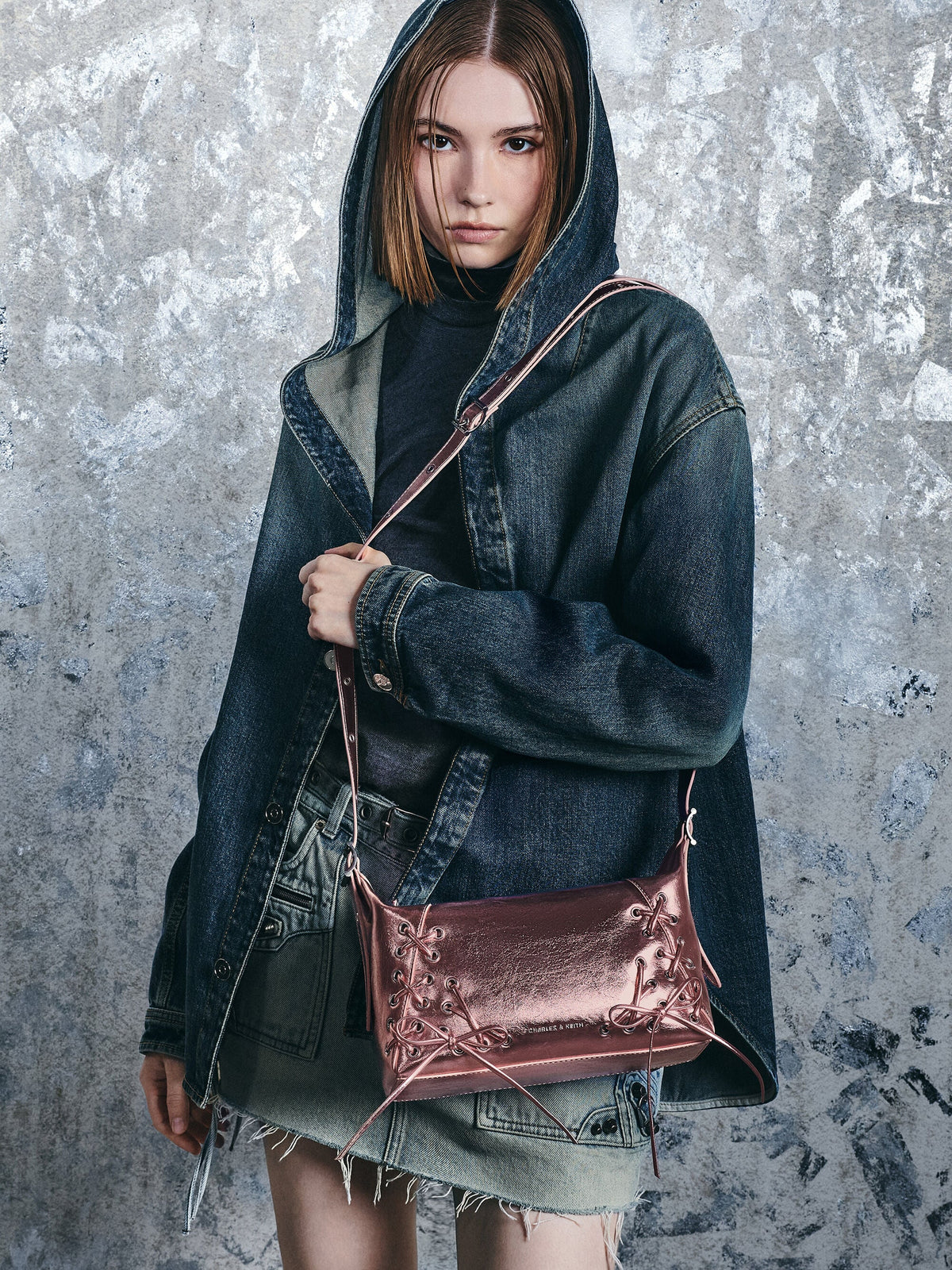 Xylia Metallic Grommet Lace-Up Shoulder Bag - Aura Pink | CHARLES & KEITH
