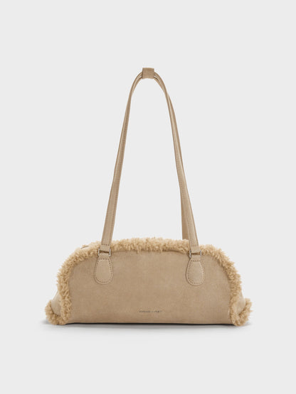 Nelly Faux Shearling Elongated Shoulder Bag - Nutmeg Beige | CHARLES & KEITH