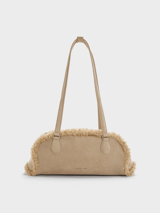 Nelly Faux Shearling Elongated Shoulder Bag - Nutmeg Beige | CHARLES & KEITH