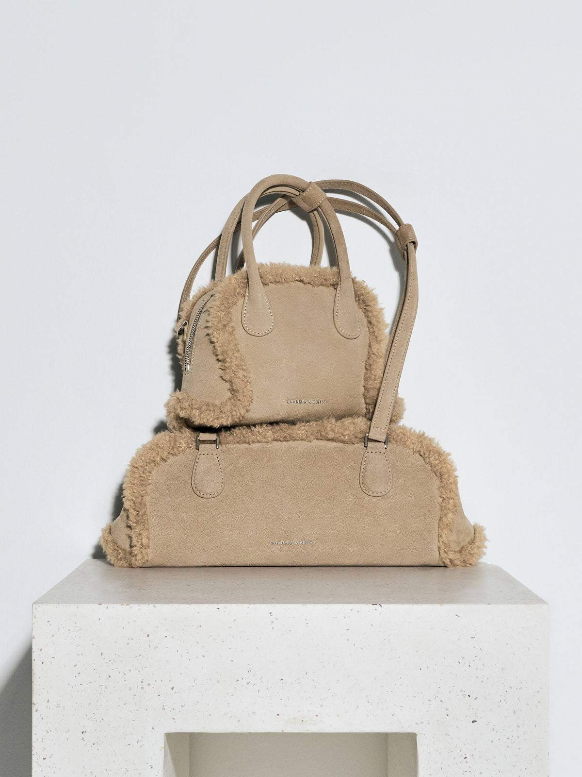 Nelly Faux Shearling Elongated Shoulder Bag - Nutmeg Beige | CHARLES & KEITH