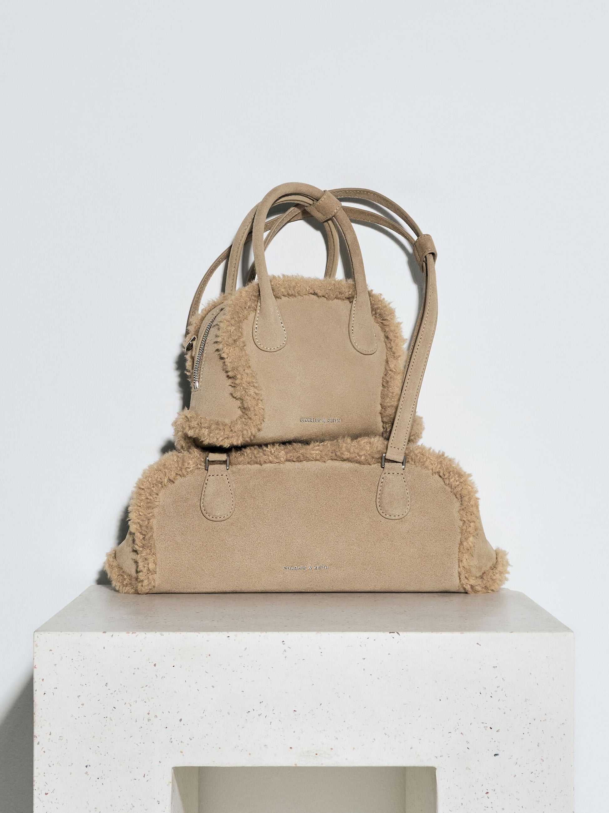 Nelly Faux Shearling Elongated Shoulder Bag - Nutmeg Beige | CHARLES & KEITH
